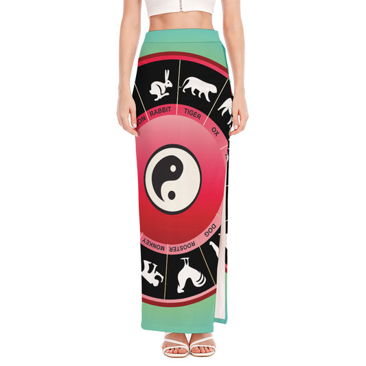 Yin Yang Chinese Zodiac Signs Print High Slit Maxi Skirt