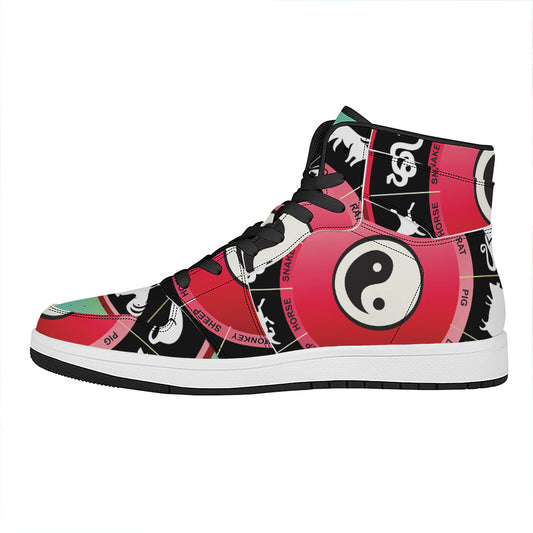 Yin Yang Chinese Zodiac Signs Print High Top Leather Sneakers