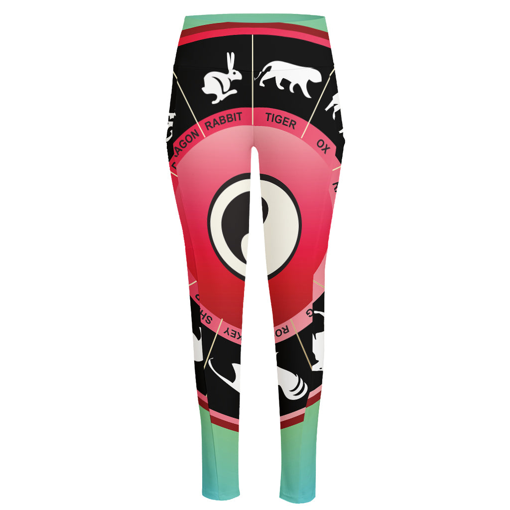 Yin Yang Chinese Zodiac Signs Print High-Waisted Pocket Leggings