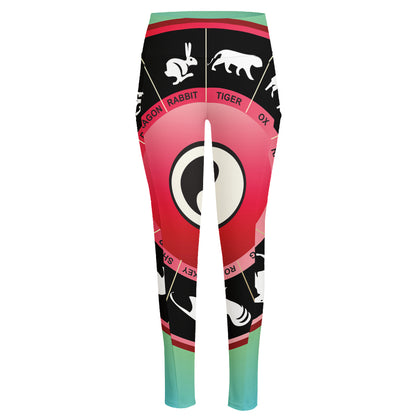 Yin Yang Chinese Zodiac Signs Print High-Waisted Pocket Leggings