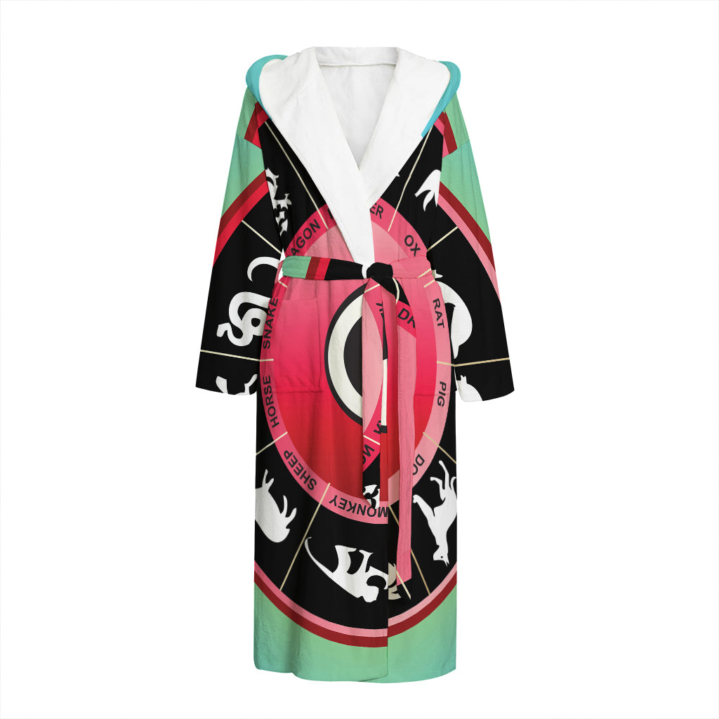 Yin Yang Chinese Zodiac Signs Print Hooded Bathrobe