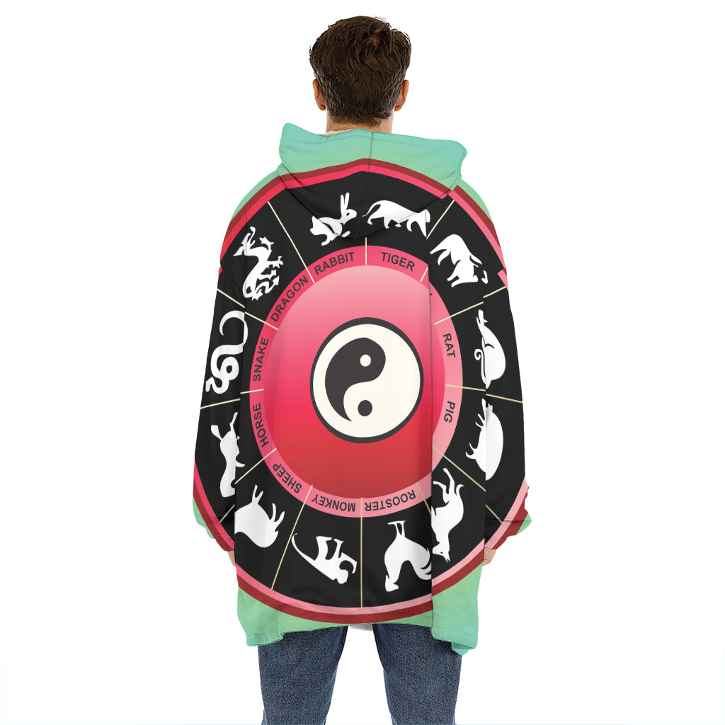 Yin Yang Chinese Zodiac Signs Print Hoodie Blanket