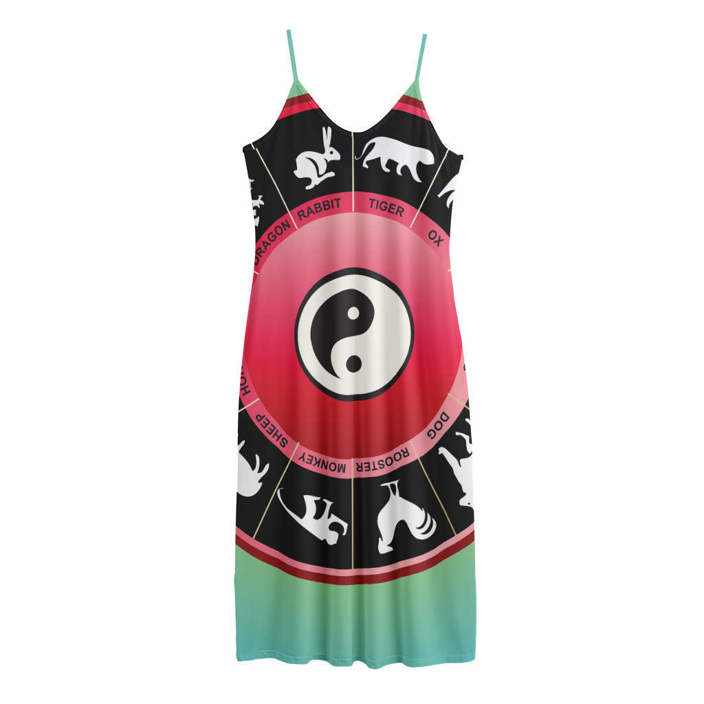 Yin Yang Chinese Zodiac Signs Print Jersey Midi Cami Dress