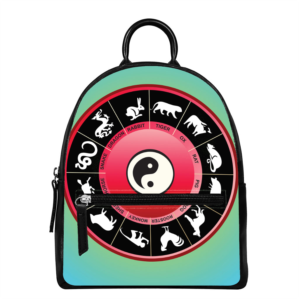 Yin Yang Chinese Zodiac Signs Print Leather Backpack