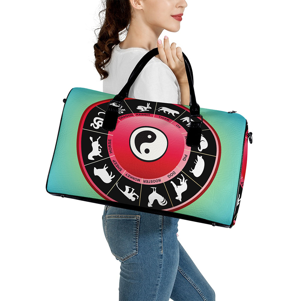 Yin Yang Chinese Zodiac Signs Print Leather Duffle Bag
