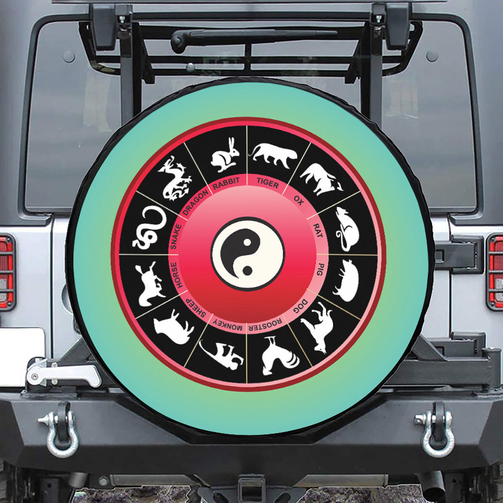 Yin Yang Chinese Zodiac Signs Print Leather Spare Tire Cover