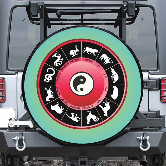 Yin Yang Chinese Zodiac Signs Print Leather Spare Tire Cover