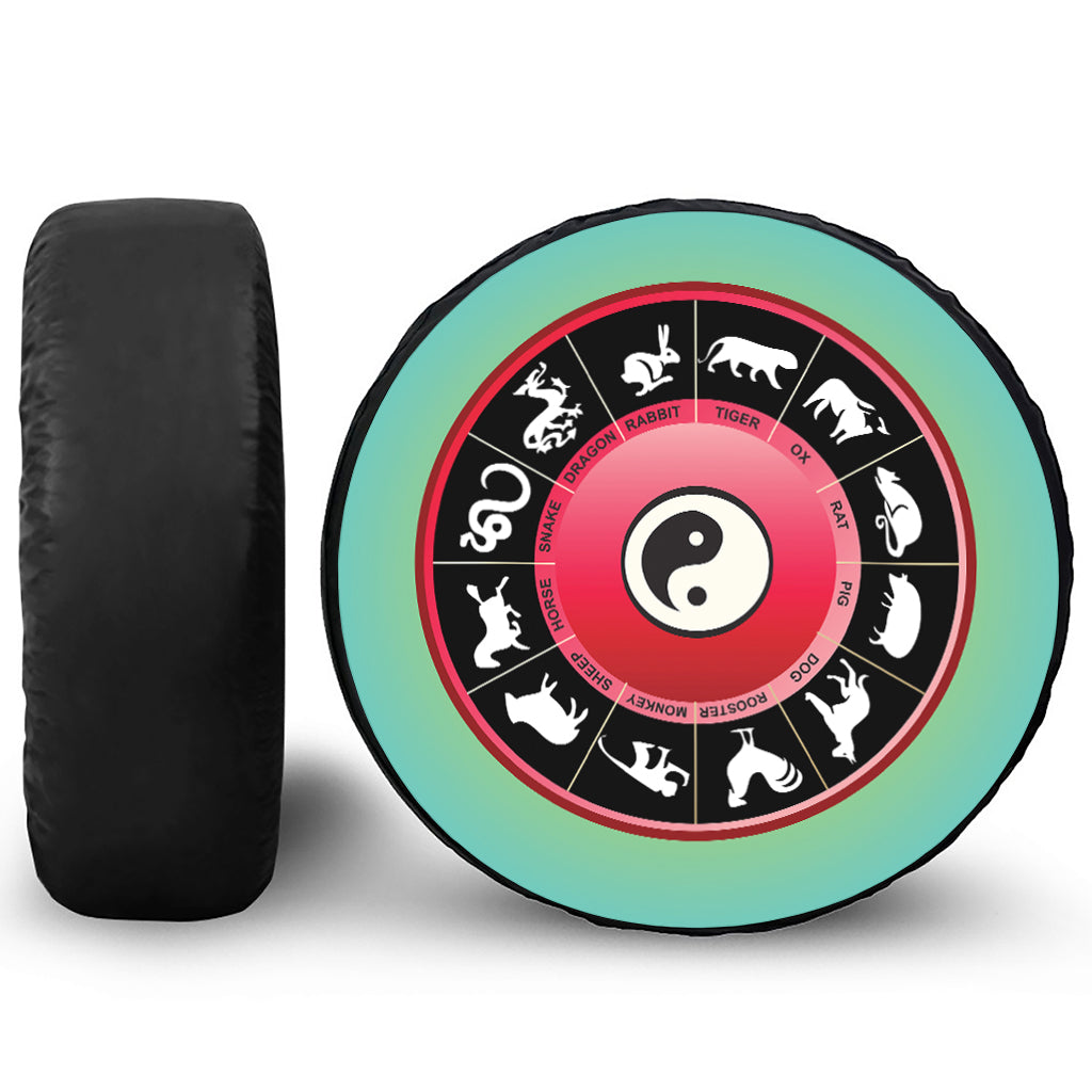 Yin Yang Chinese Zodiac Signs Print Leather Spare Tire Cover