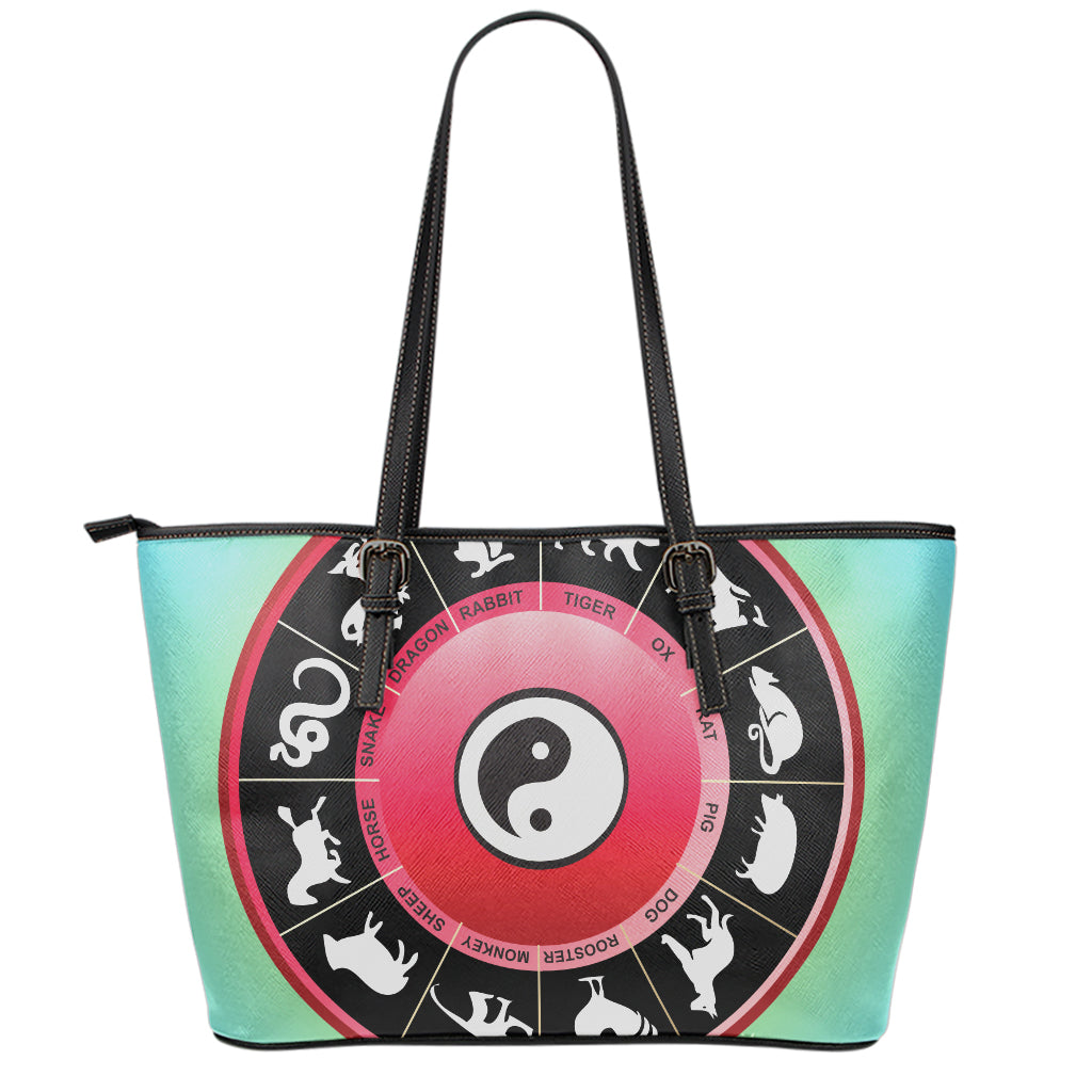 Yin Yang Chinese Zodiac Signs Print Leather Tote Bag