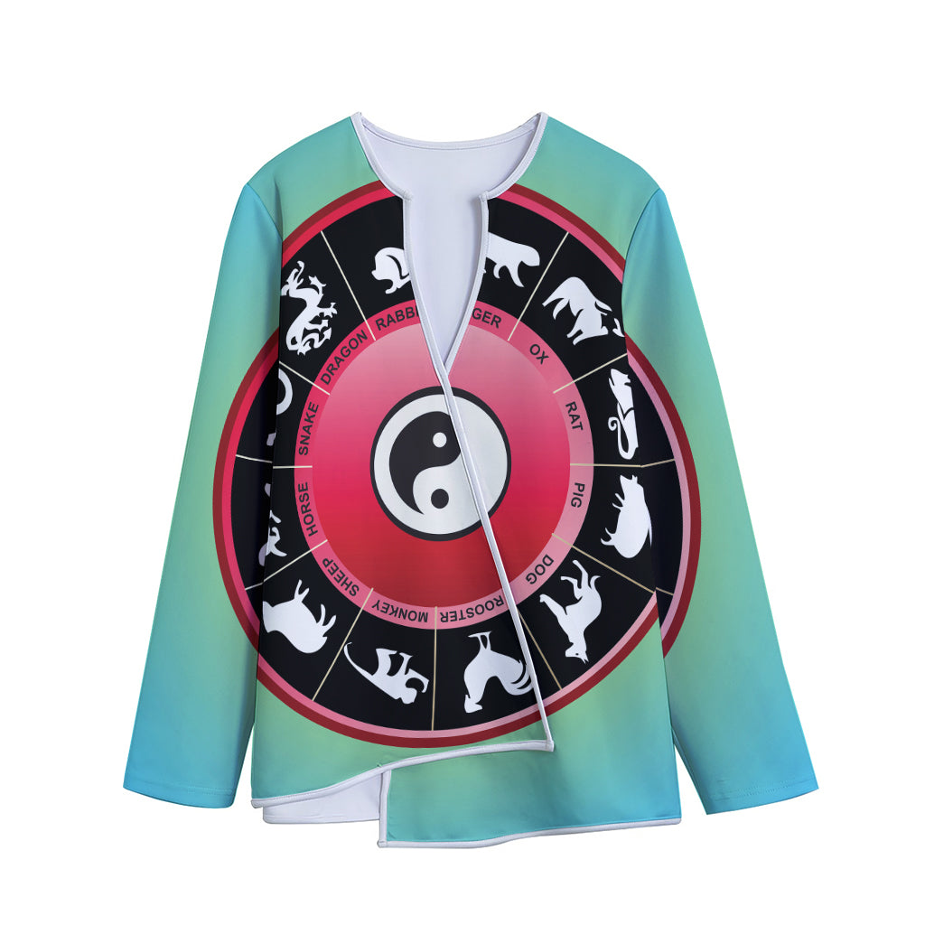 Yin Yang Chinese Zodiac Signs Print Long Sleeve Short Coat