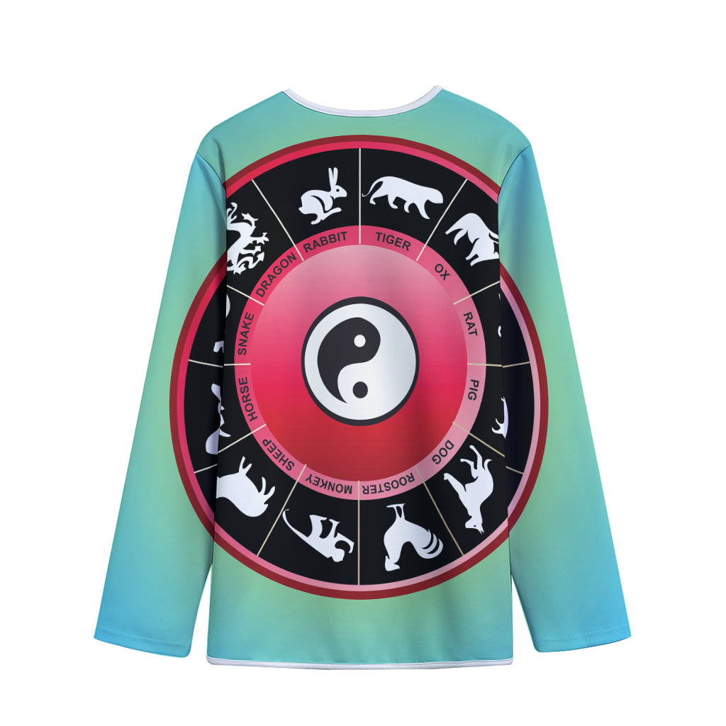 Yin Yang Chinese Zodiac Signs Print Long Sleeve Short Coat