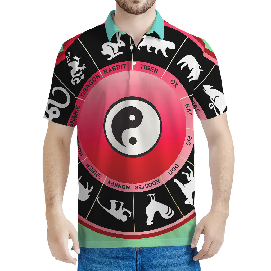 Yin Yang Chinese Zodiac Signs Print Men's Polo Shirt