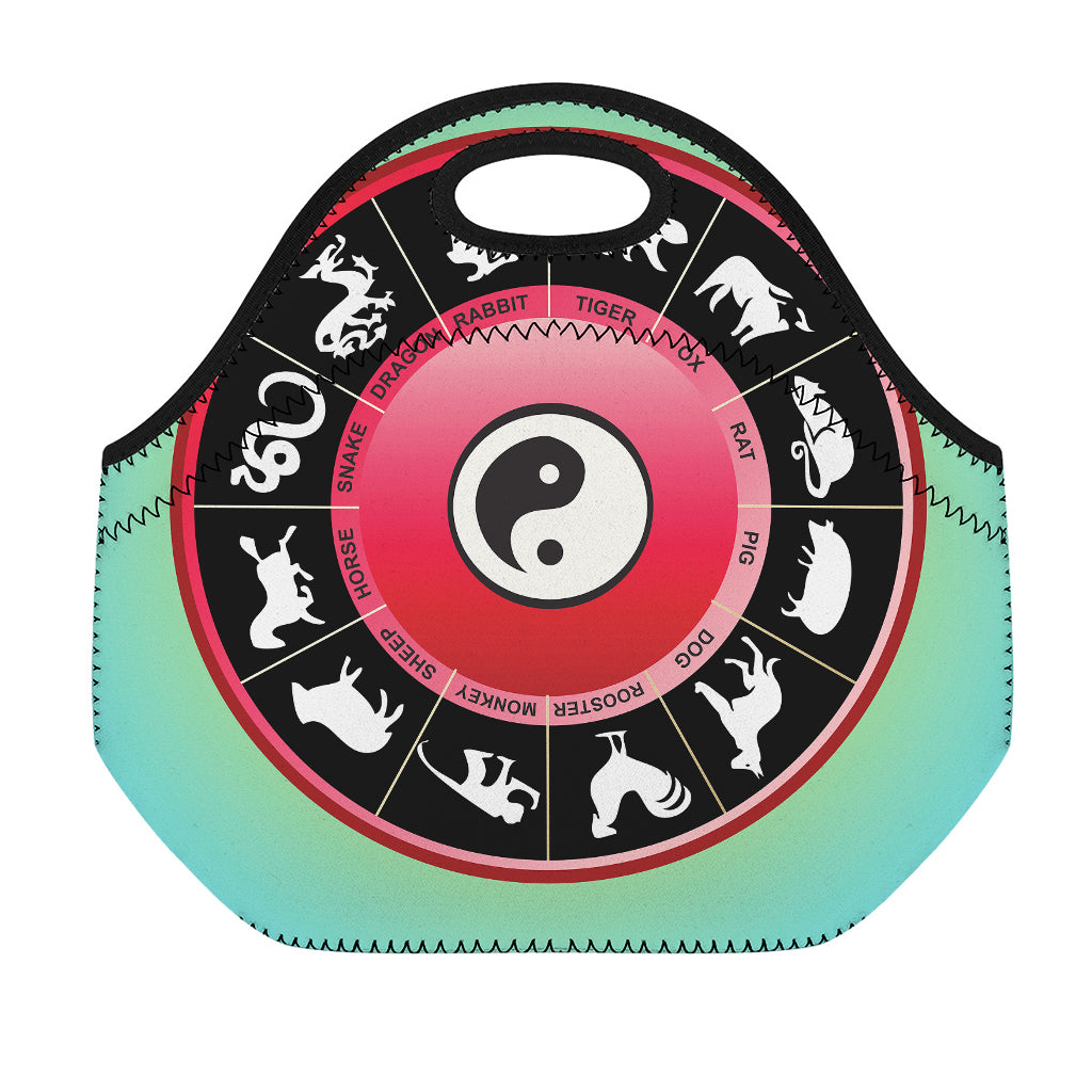 Yin Yang Chinese Zodiac Signs Print Neoprene Lunch Bag
