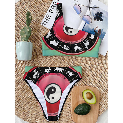 Yin Yang Chinese Zodiac Signs Print One Shoulder Bikini Top