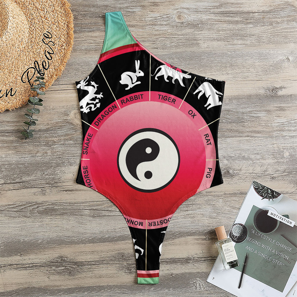 Yin Yang Chinese Zodiac Signs Print One Shoulder Bodysuit