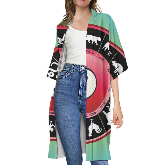 Yin Yang Chinese Zodiac Signs Print Open Front Beach Cover Up