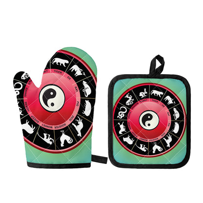 Yin Yang Chinese Zodiac Signs Print Oven Mitt And Pot Holder Set