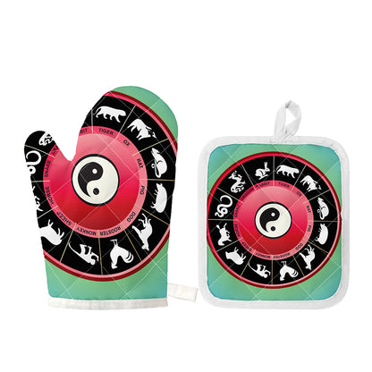 Yin Yang Chinese Zodiac Signs Print Oven Mitt And Pot Holder Set