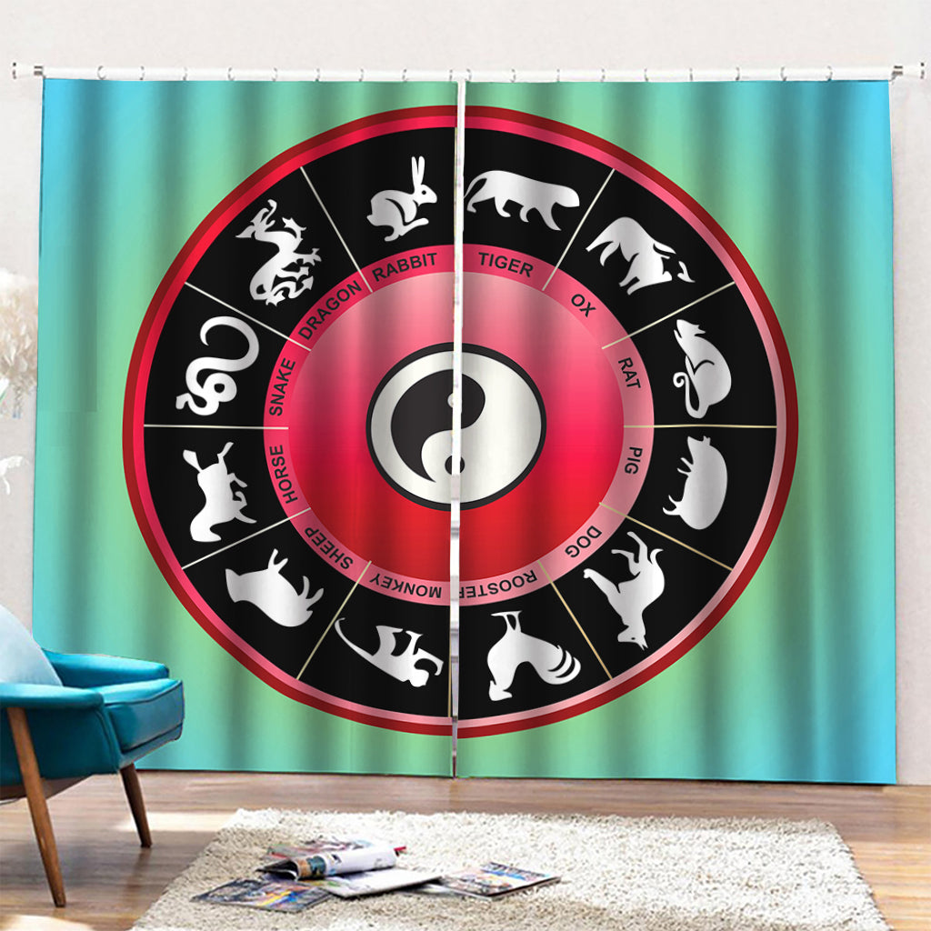 Yin Yang Chinese Zodiac Signs Print Pencil Pleat Curtains