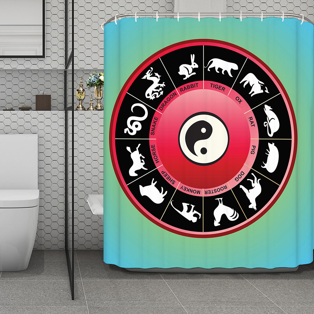 Yin Yang Chinese Zodiac Signs Print Polyester Shower Curtain
