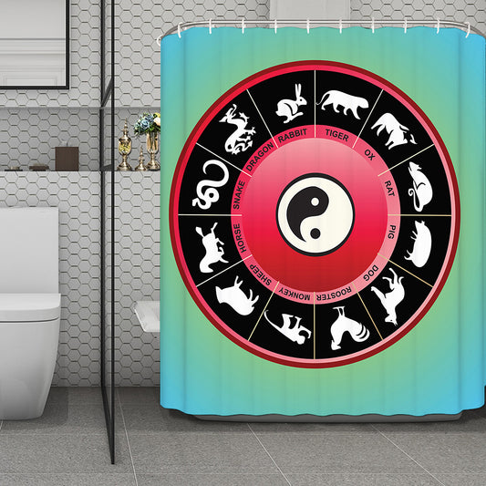 Yin Yang Chinese Zodiac Signs Print Polyester Shower Curtain