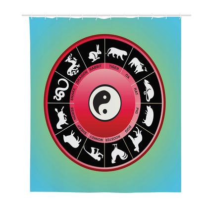 Yin Yang Chinese Zodiac Signs Print Polyester Shower Curtain