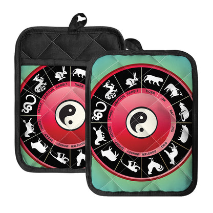 Yin Yang Chinese Zodiac Signs Print Pot Holders With Pocket