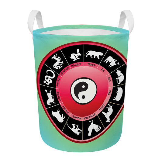 Yin Yang Chinese Zodiac Signs Print Round Laundry Basket