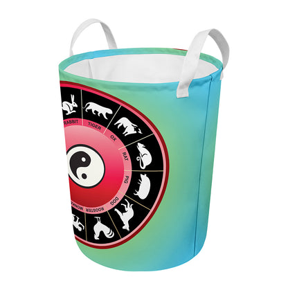 Yin Yang Chinese Zodiac Signs Print Round Laundry Basket
