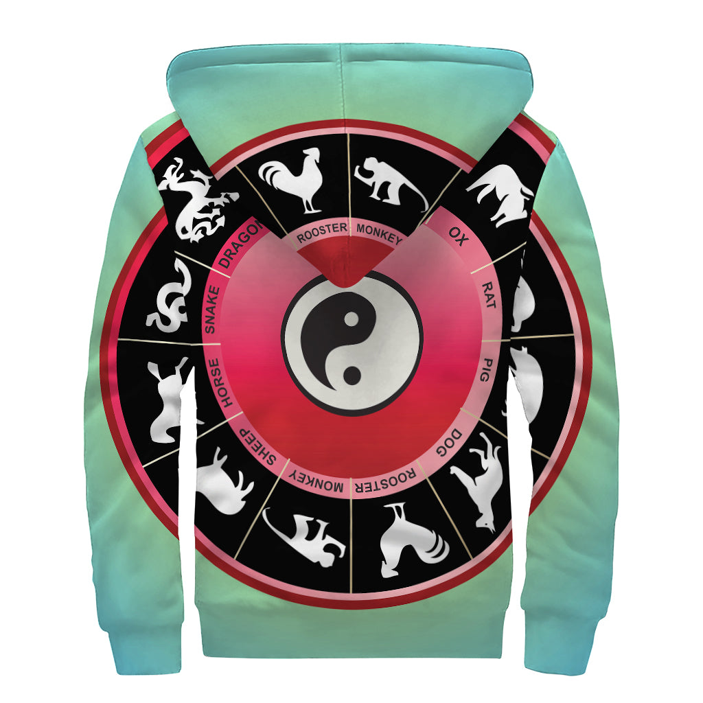 Yin Yang Chinese Zodiac Signs Print Sherpa Lined Zip Up Hoodie
