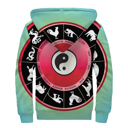 Yin Yang Chinese Zodiac Signs Print Sherpa Lined Zip Up Hoodie