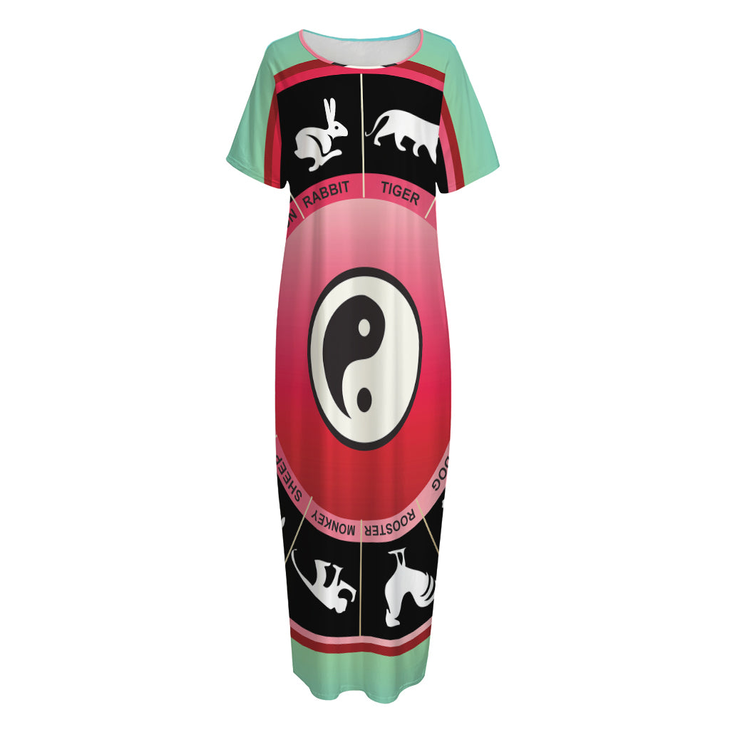 Yin Yang Chinese Zodiac Signs Print Short Sleeve Long Nightdress
