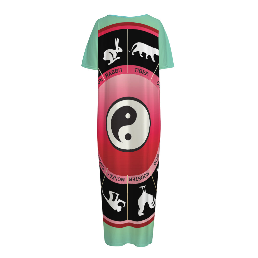 Yin Yang Chinese Zodiac Signs Print Short Sleeve Long Nightdress