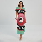 Yin Yang Chinese Zodiac Signs Print Short Sleeve Maxi Dress