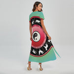 Yin Yang Chinese Zodiac Signs Print Short Sleeve Maxi Dress