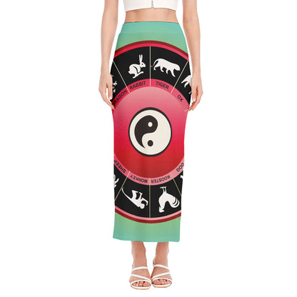 Yin Yang Chinese Zodiac Signs Print Side Slit Maxi Skirt