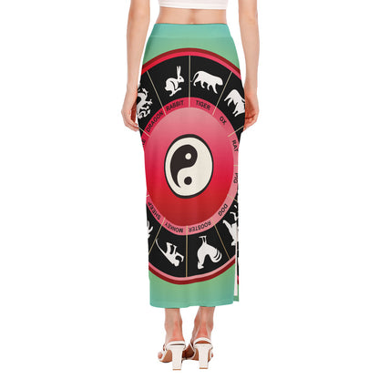 Yin Yang Chinese Zodiac Signs Print Side Slit Maxi Skirt