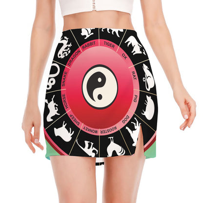 Yin Yang Chinese Zodiac Signs Print Side Slit Mini Skirt