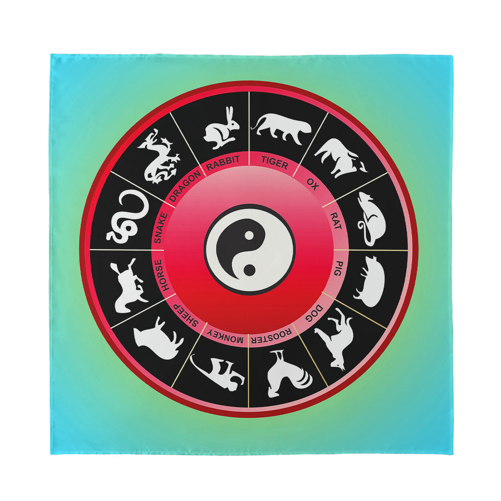 Yin Yang Chinese Zodiac Signs Print Silk Bandana