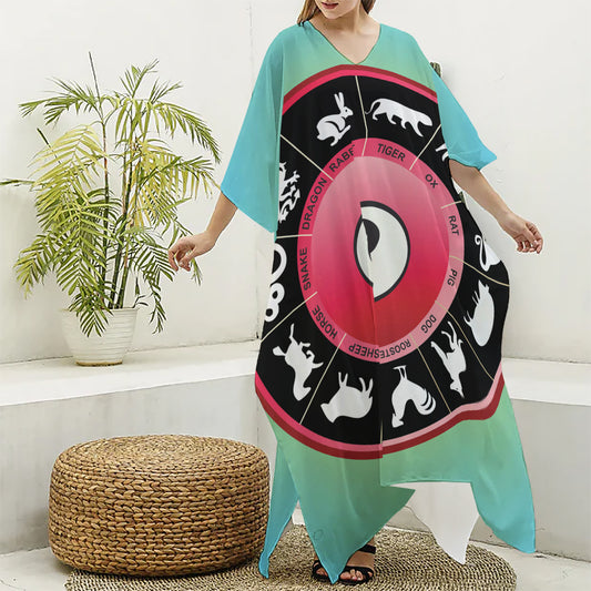 Yin Yang Chinese Zodiac Signs Print Silk V-Neck Kaftan Dress