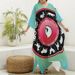 Yin Yang Chinese Zodiac Signs Print Silk V-Neck Kaftan Dress