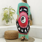 Yin Yang Chinese Zodiac Signs Print Silk V-Neck Kaftan Dress