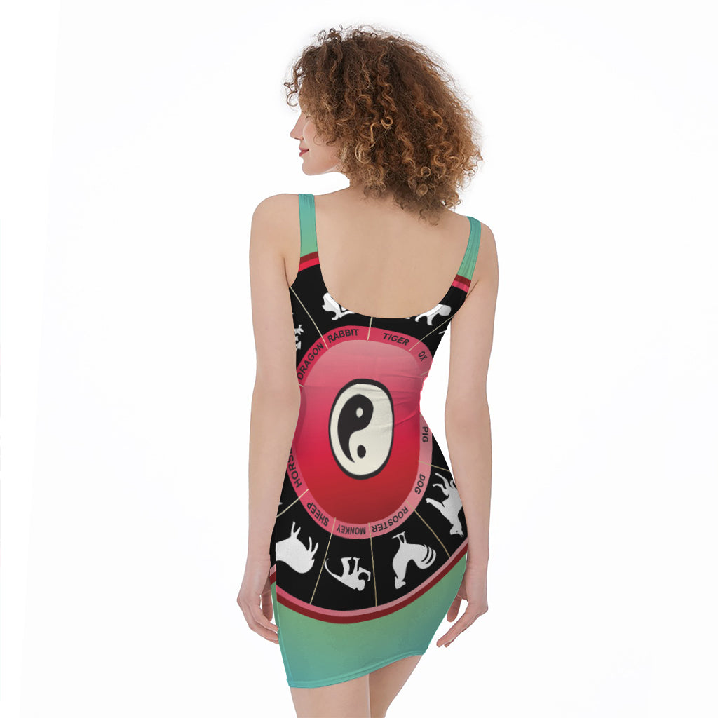Yin Yang Chinese Zodiac Signs Print Sleeveless Bodycon Dress