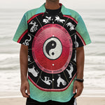 Yin Yang Chinese Zodiac Signs Print Textured Short Sleeve Shirt