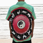 Yin Yang Chinese Zodiac Signs Print Textured Short Sleeve Shirt