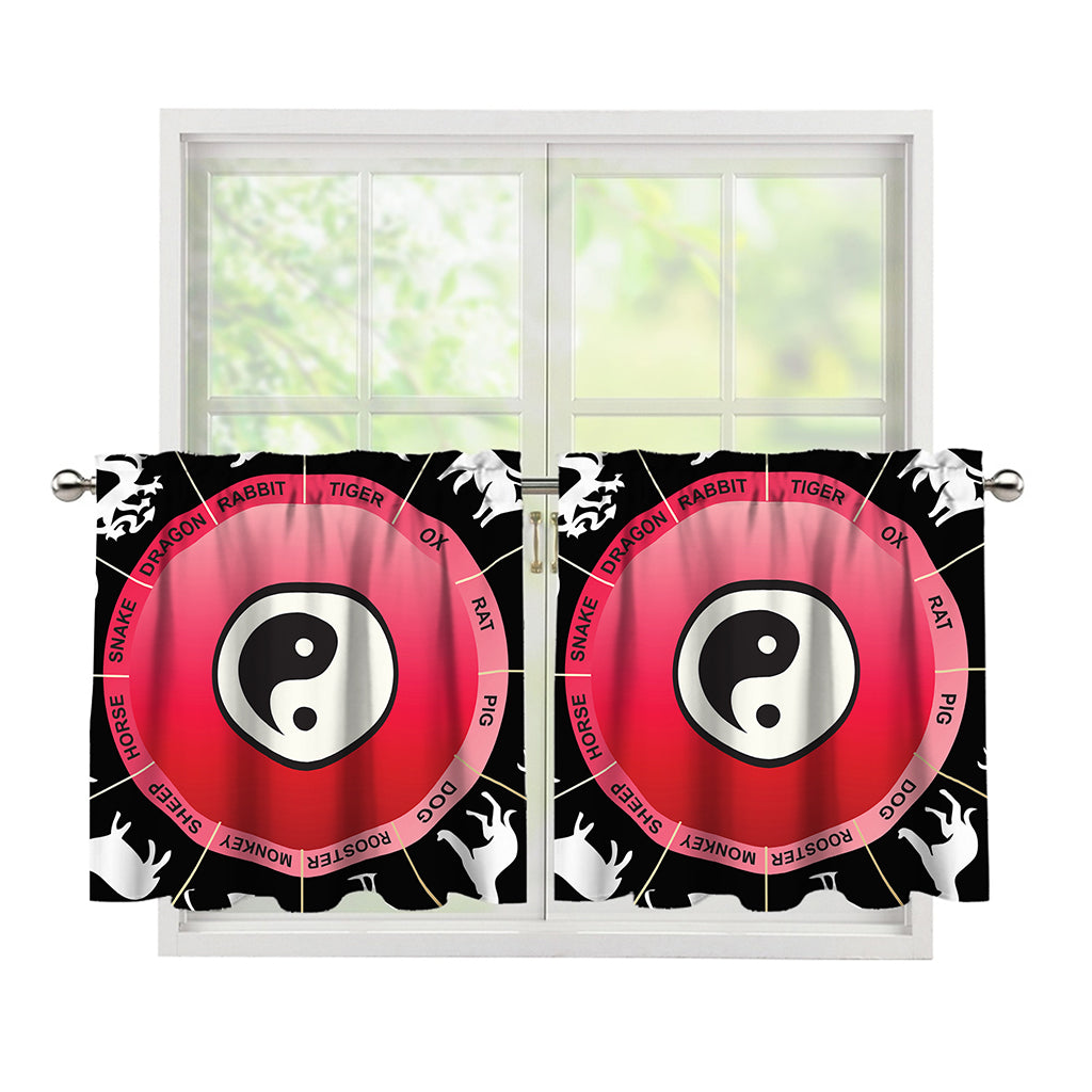 Yin Yang Chinese Zodiac Signs Print Tier Curtains