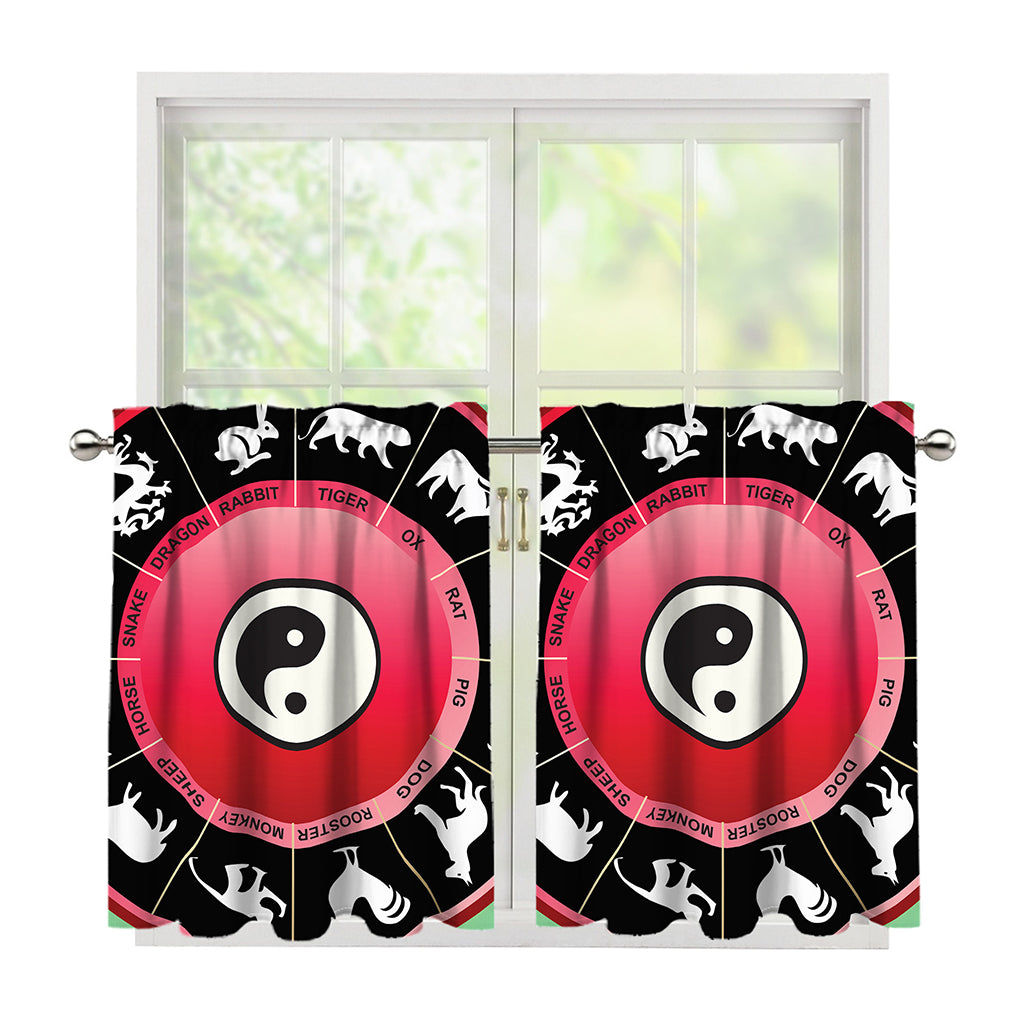 Yin Yang Chinese Zodiac Signs Print Tier Curtains