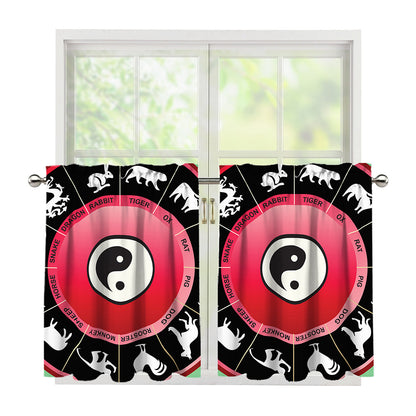 Yin Yang Chinese Zodiac Signs Print Tier Curtains