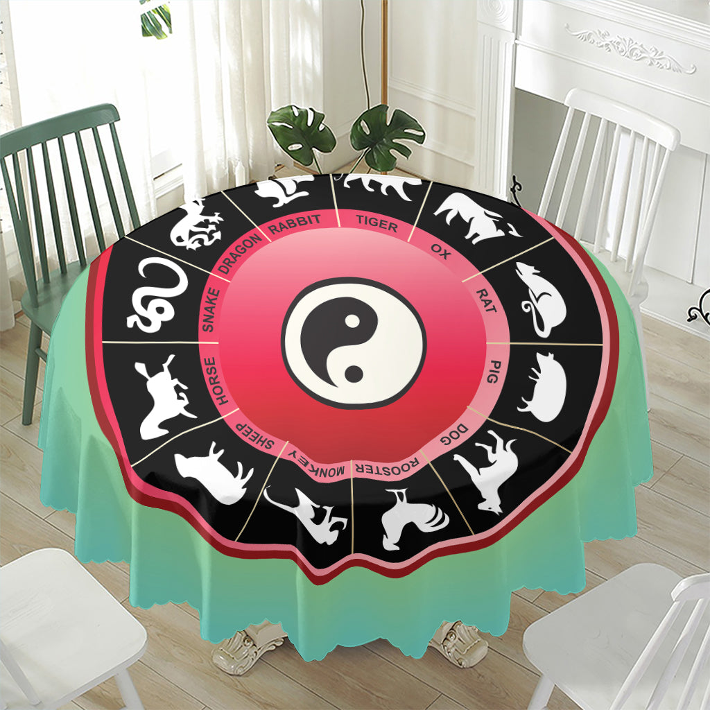 Yin Yang Chinese Zodiac Signs Print Waterproof Round Tablecloth