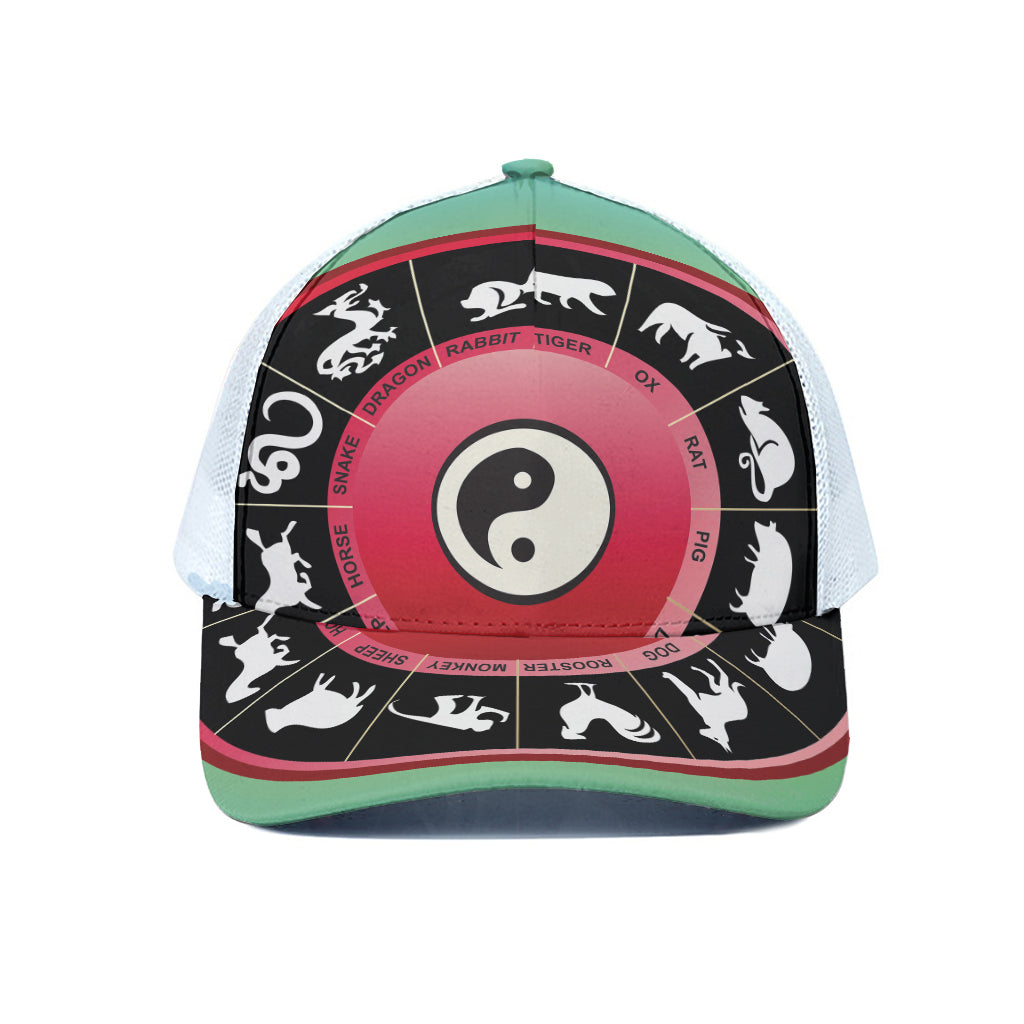 Yin Yang Chinese Zodiac Signs Print White Mesh Trucker Cap